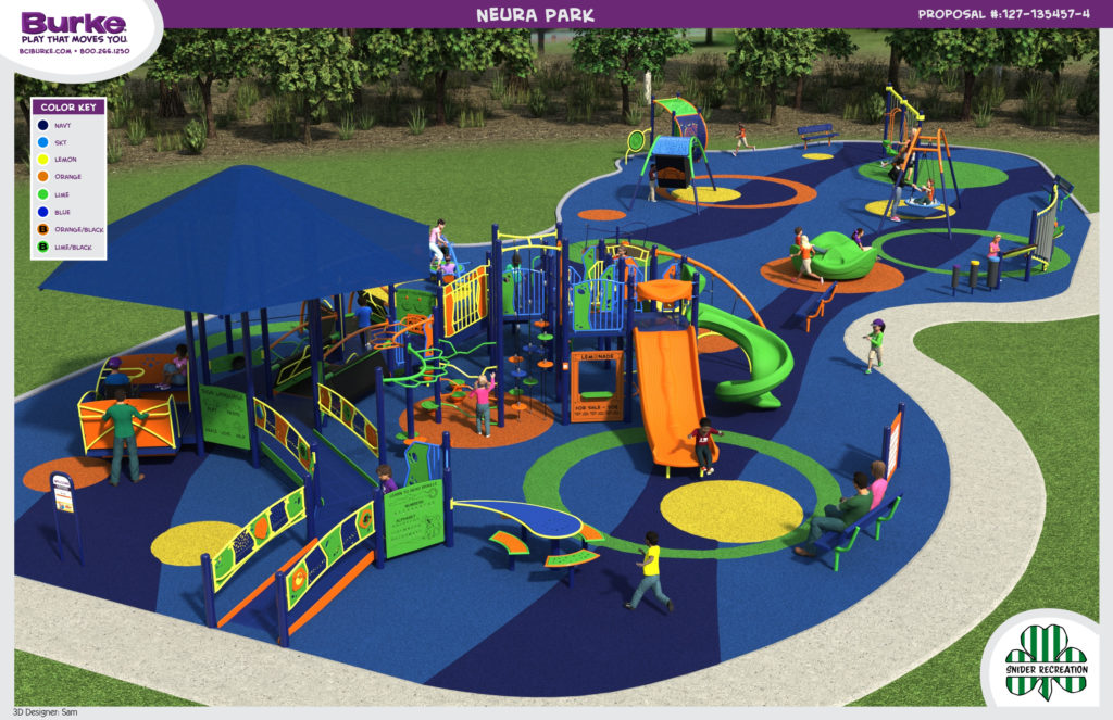 A 3D model of a colorful inclusive playground that will be built in the city of Brunswick