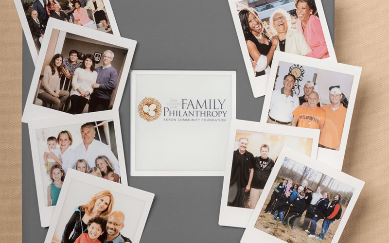 Collage of family photos on a board at the Center for Family Philanthropy