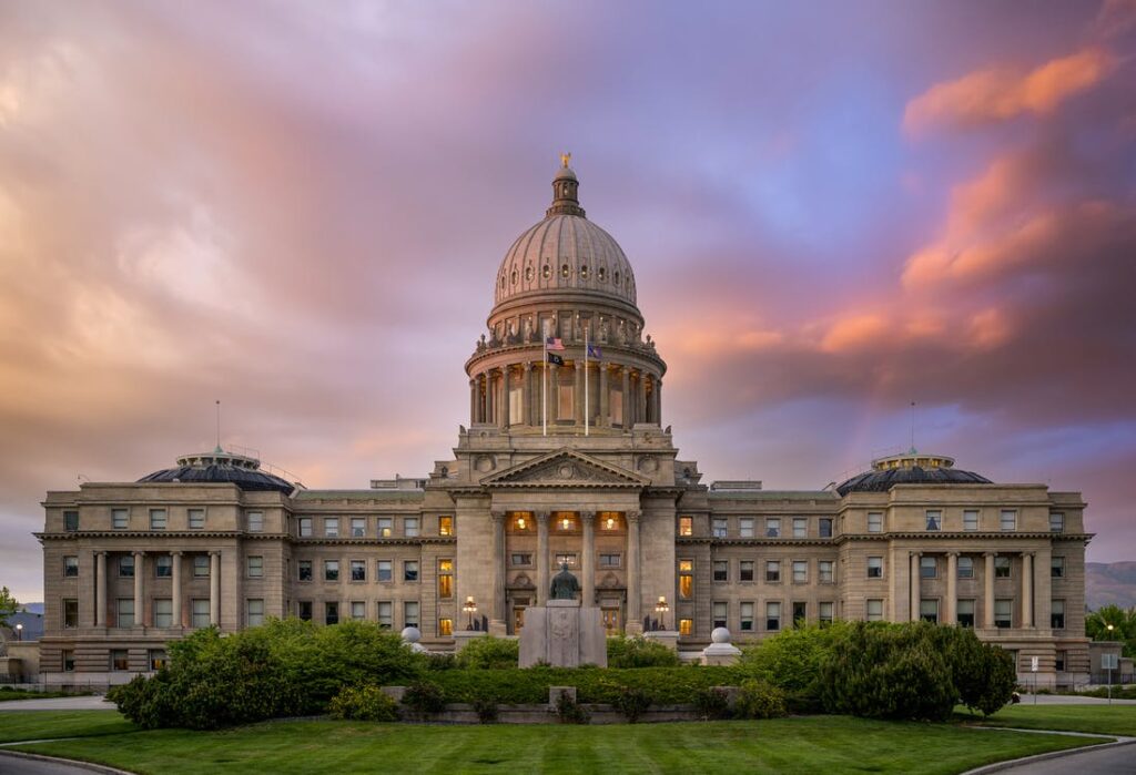 Government building facade at sunset