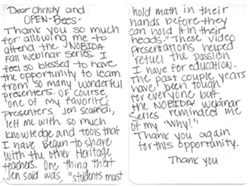A letter from a teacher to OPEN-Bees that thanks them for assisting them in attending a webinar about helping students with math