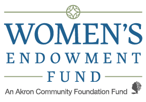 Logo for the Women's Endowment Fund featuring blue serif lettering, green accent lines, and a circular floral emblem above the text. The logo includes the tagline, "An Akron Community Foundation Fund."