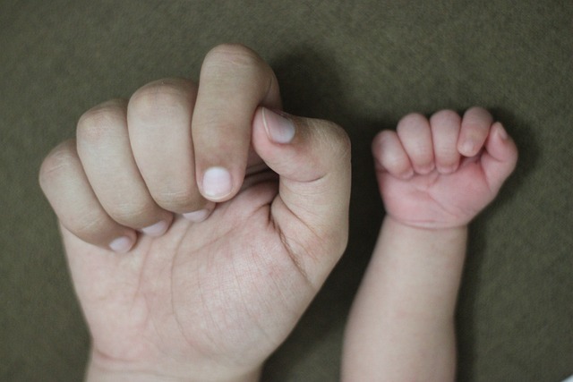 An adult hand is next to a baby's hand.