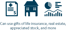 can use gifts of life insurance, real estate, appreciate stock and more