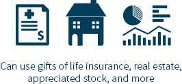 Can use gifts of life insurance, real estate, appreciate stock and more