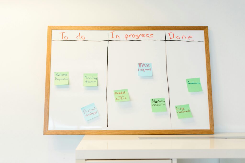 A dry erase board has notes posted under columns including "To do," "In progress" and "Done."
