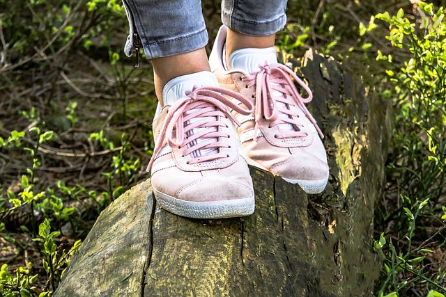 An image of the feet of a person wearing a pair of pink shoes while standing on a log.