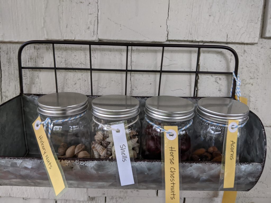 Glass mason jars filled with nuts and shells