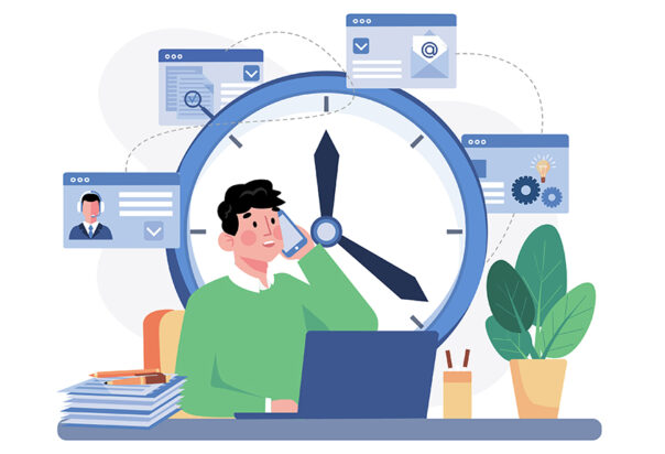 Illustration of man with clock juggling multiple tasks